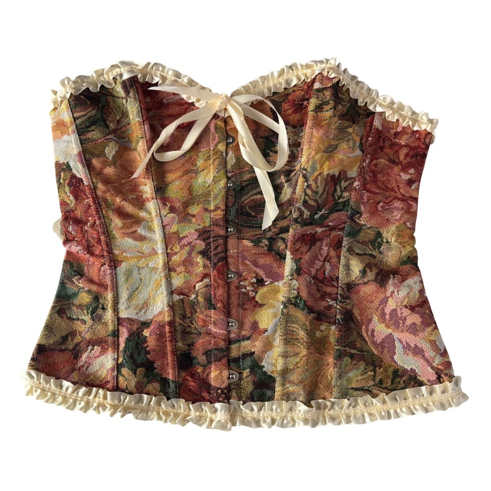 Floral Tapestry Corset Top Vintage Style‎ Lace Up Bustier Renaissance Cream L